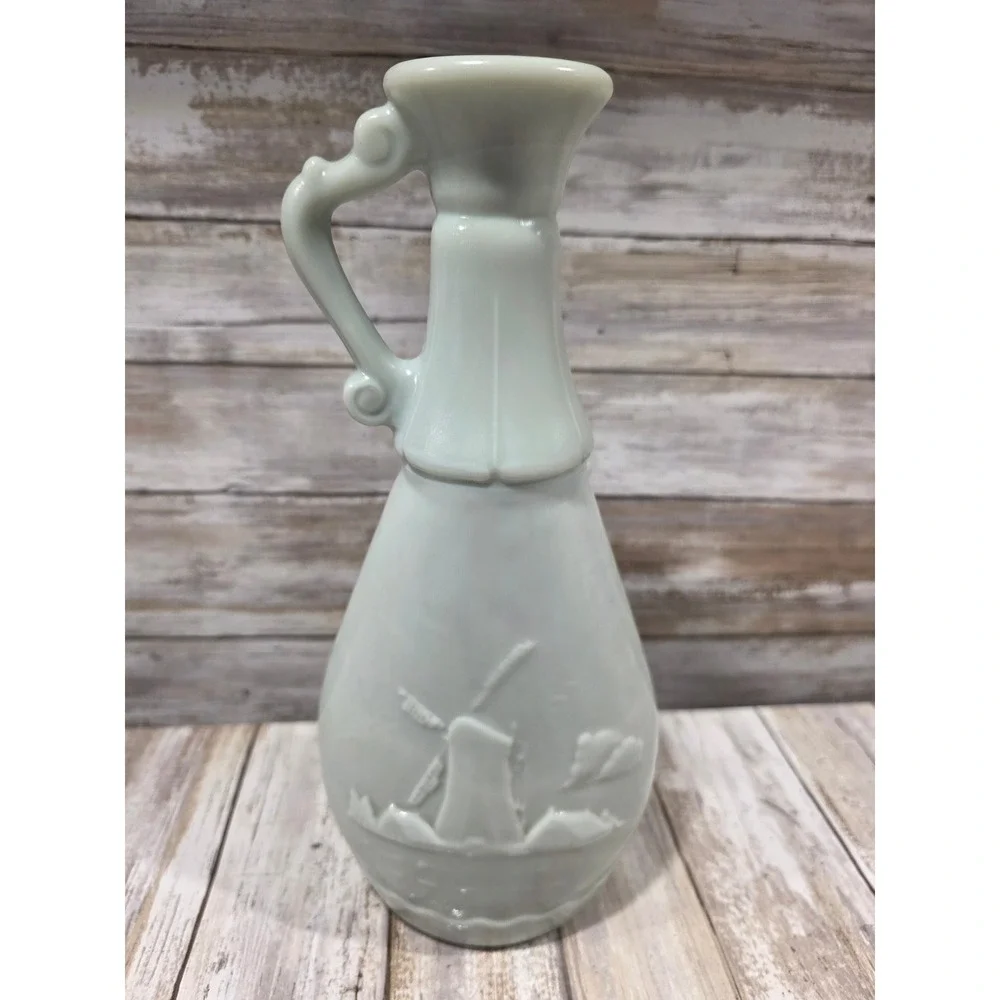 Vintage White Ceramic Pitcher Vase Blue Nautical‎ Sailboat Scene Handle Raised